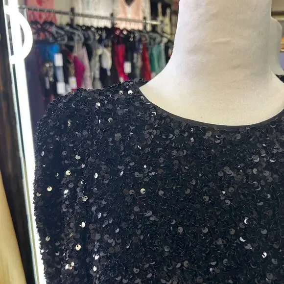 Black Sequin Long Sleeve Mini Dress XS Party Holiday NYE Cocktail Coquette - Picture 11 of 11